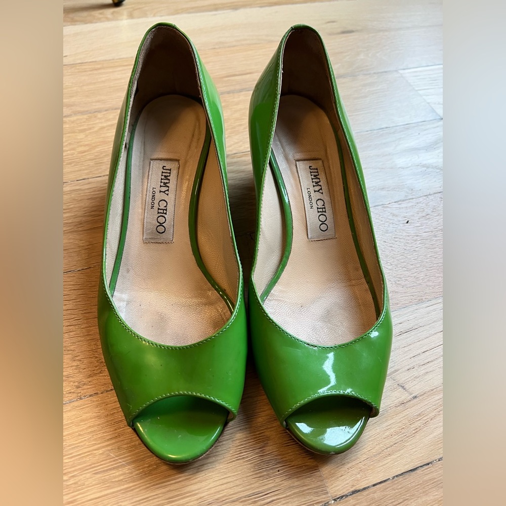 Authentic Jimmy Choo Wedge Patent Leather Peep Toe Heel, size 38.5